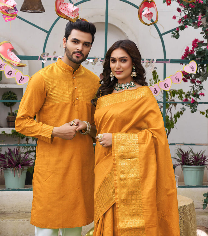 Lovely Yellow Couple Dress Silk Saree & Kurta