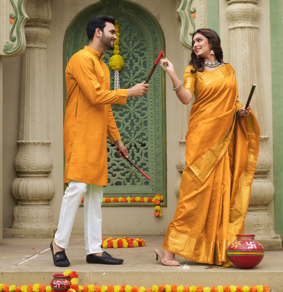 Lovely Yellow Couple Dress Silk Saree & Kurta