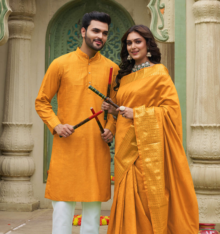 Lovely Yellow Couple Dress Silk Saree & Kurta