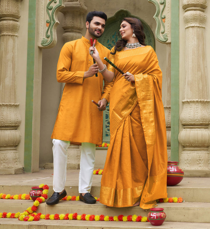 Lovely Yellow Couple Dress Silk Saree & Kurta