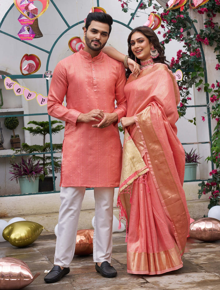 Sumitra Gold Pink Couple Set Saree and Kurta