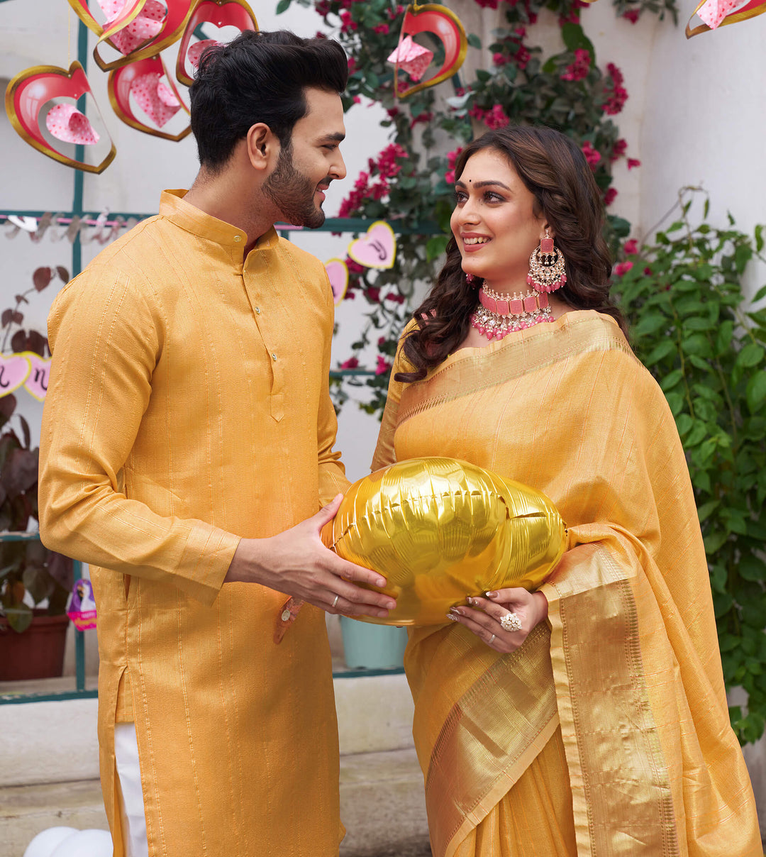 Sumitra Gold Yellow Couple Set Saree and Kurta