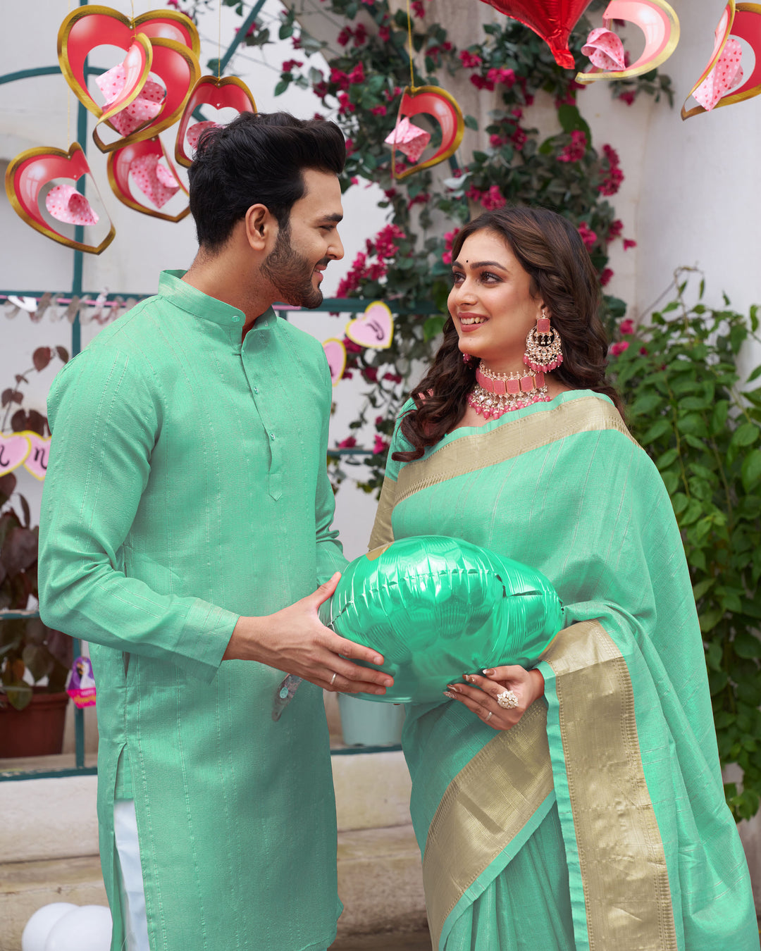 Sumitra Gold Teal Couple Set Saree and Kurta