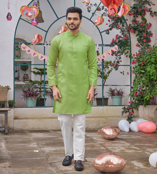 Traditional  Pista Green Men Kurta