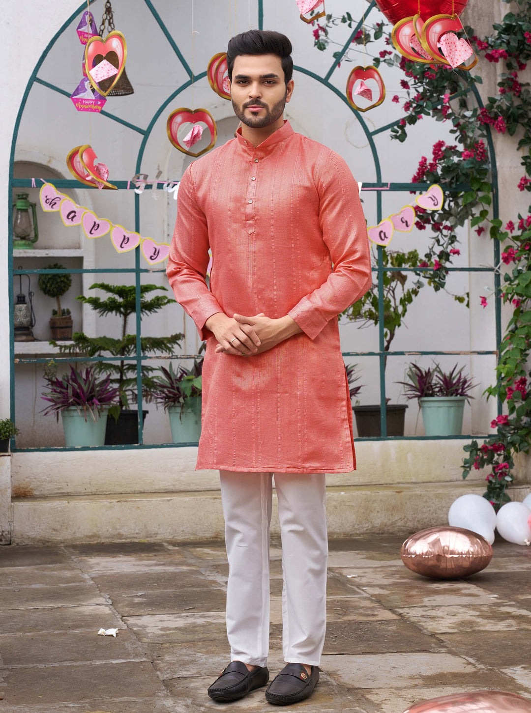 Stylish Men Zari Silk Gold Pink Kurta with Pajama