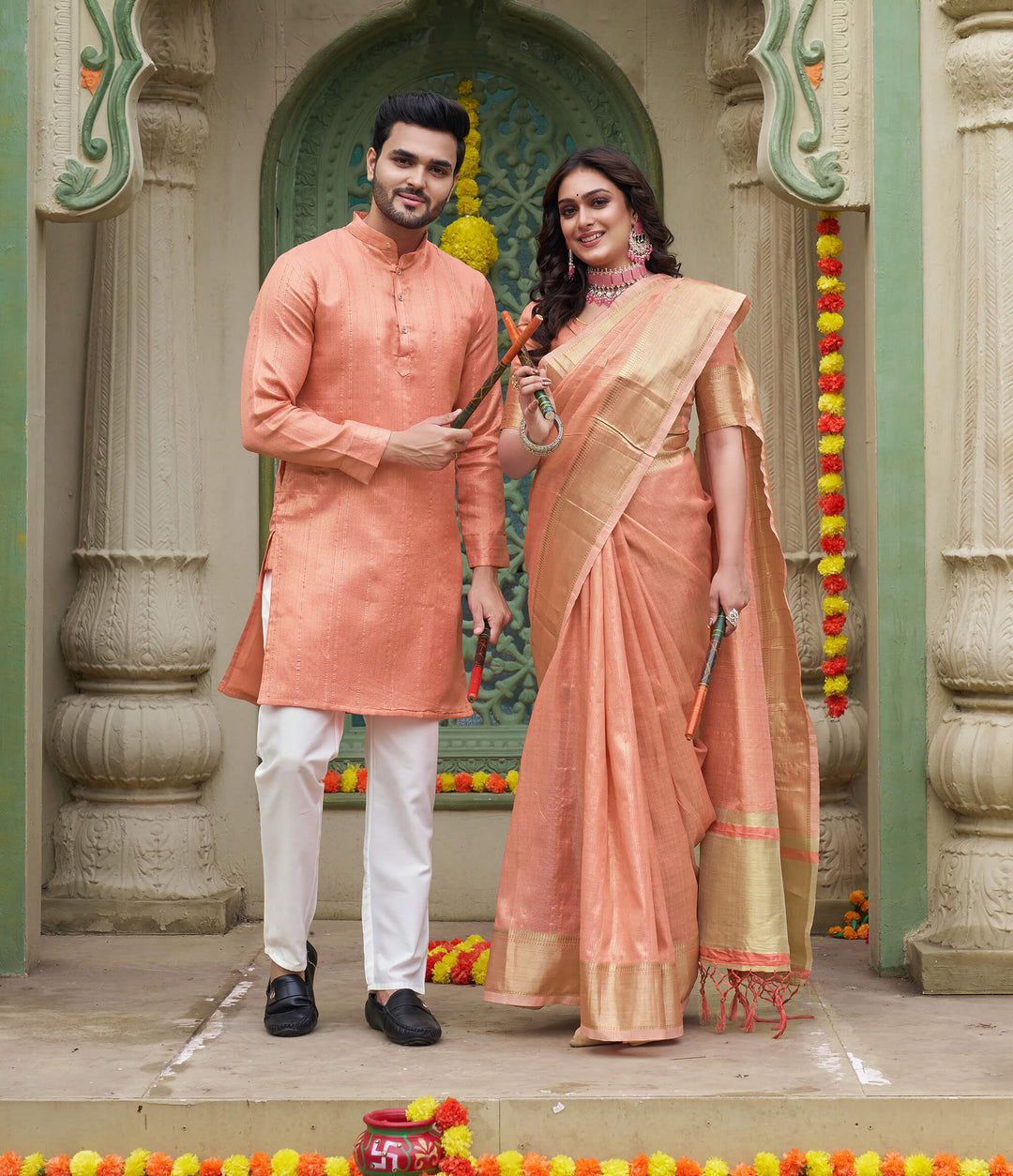 Sumitra Gold Peach Couple Set Saree and Kurta