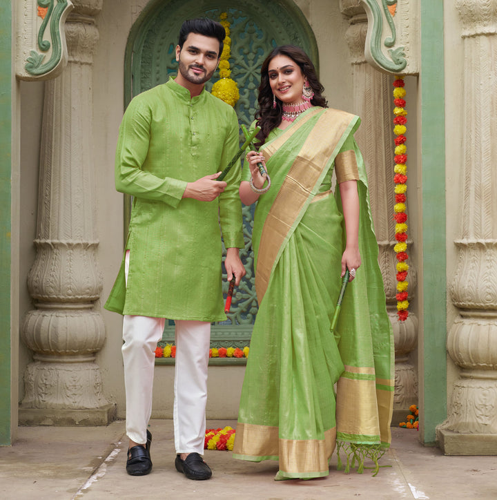 Sumitra Gold Green Couple Set Saree and Kurta