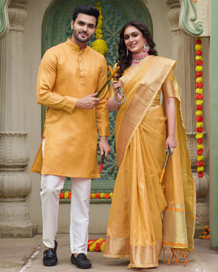Sumitra Gold Yellow Couple Set Saree and Kurta