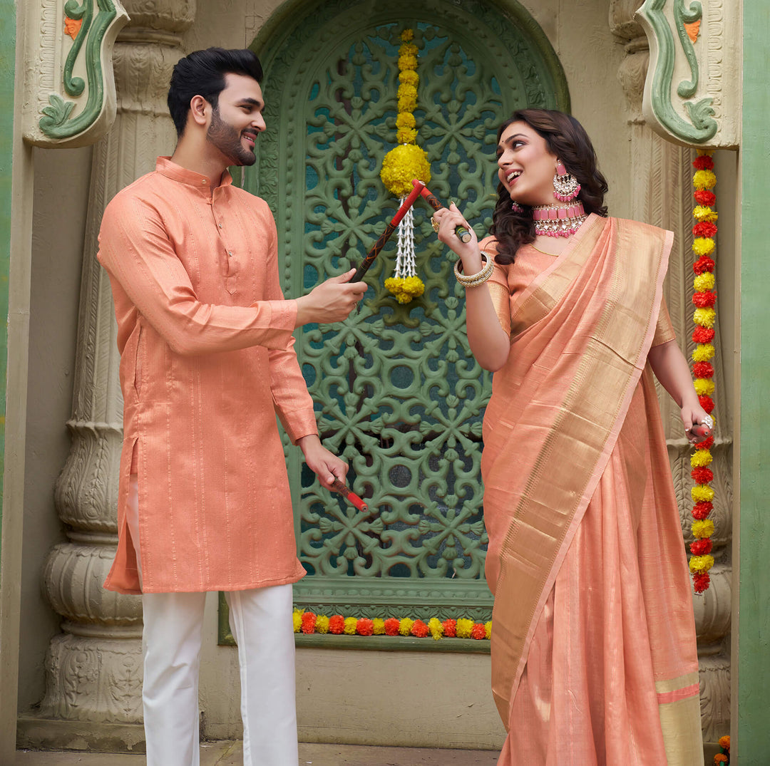 Sumitra Gold Peach Couple Set Saree and Kurta