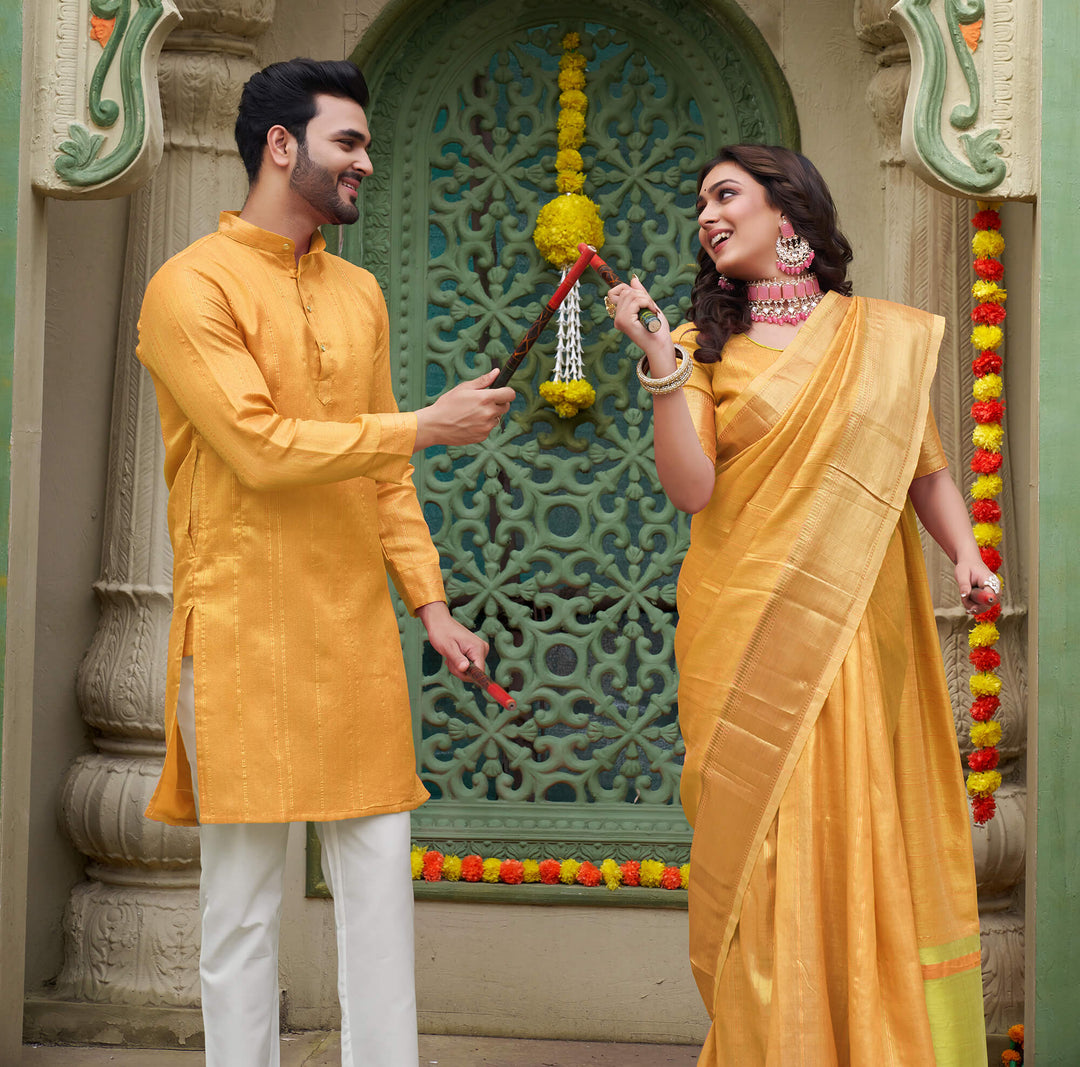 Sumitra Gold Yellow Couple Set Saree and Kurta