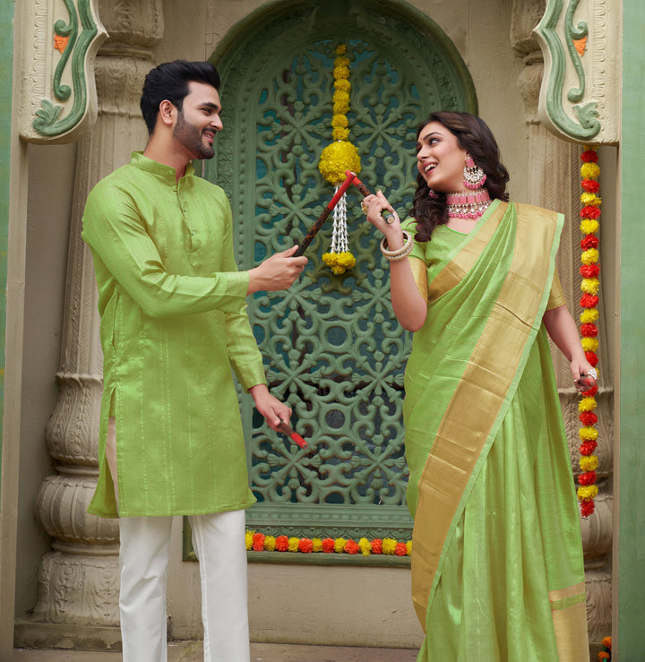 Sumitra Gold Green Couple Set Saree and Kurta