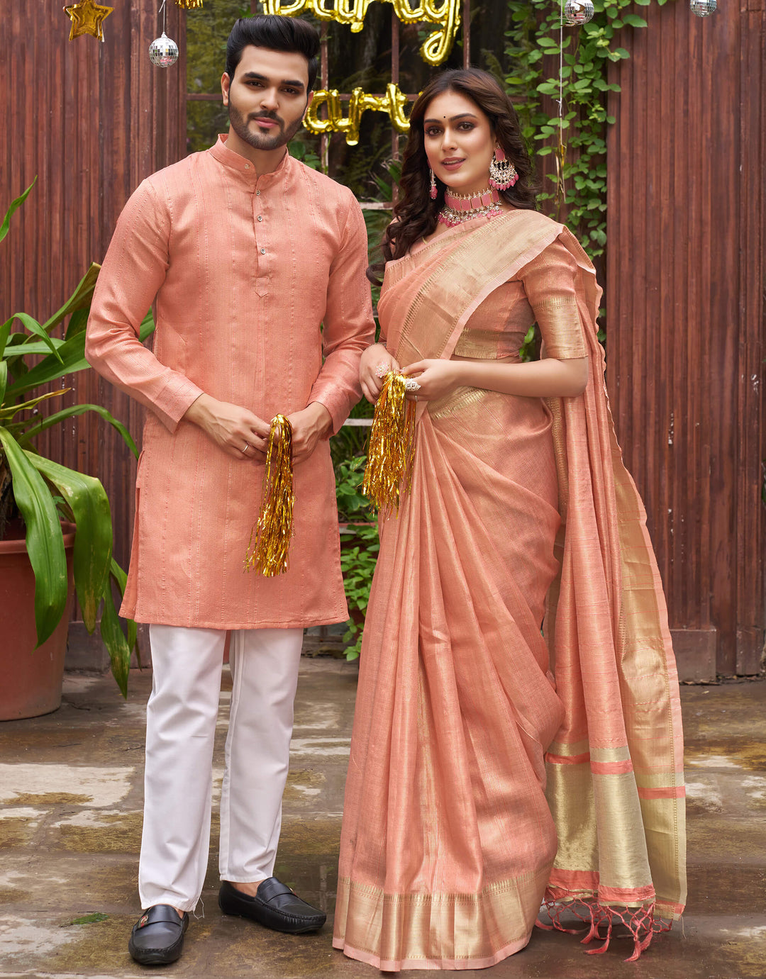 Sumitra Gold Peach Couple Set Saree and Kurta