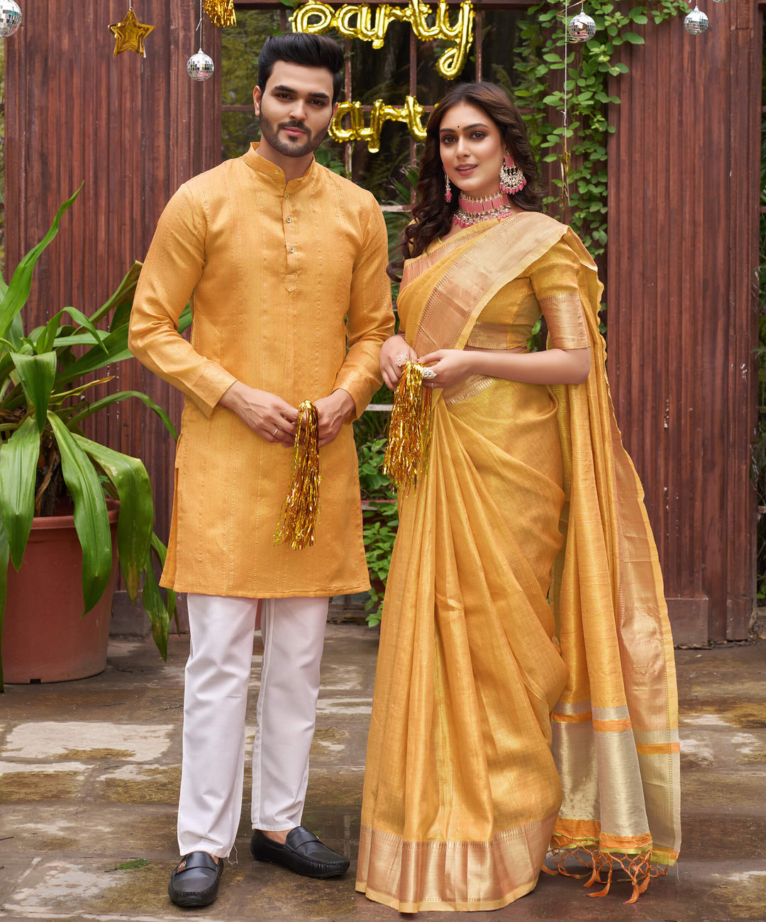 Sumitra Gold Yellow Couple Set Saree and Kurta