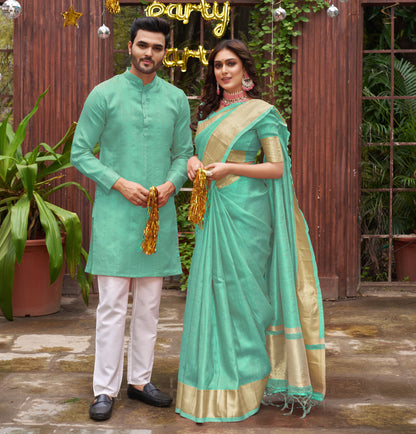 kiara silk saree & kurta couple dress reviews Couple dress Orgenza Silk Teal Colored Saree and kurta pyjama Archittam Fashion