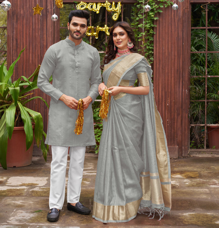 Sumitra Gold Grey Couple Set Saree and Kurta