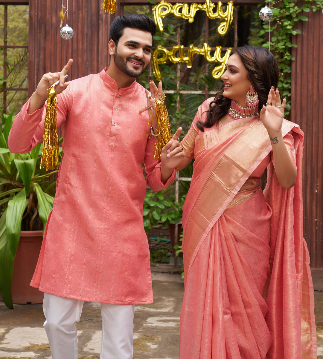 Sumitra Gold Pink Couple Set Saree and Kurta