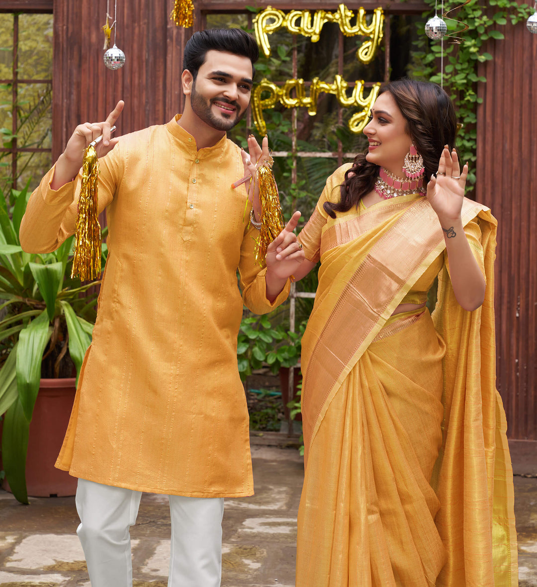 Sumitra Gold Yellow Couple Set Saree and Kurta