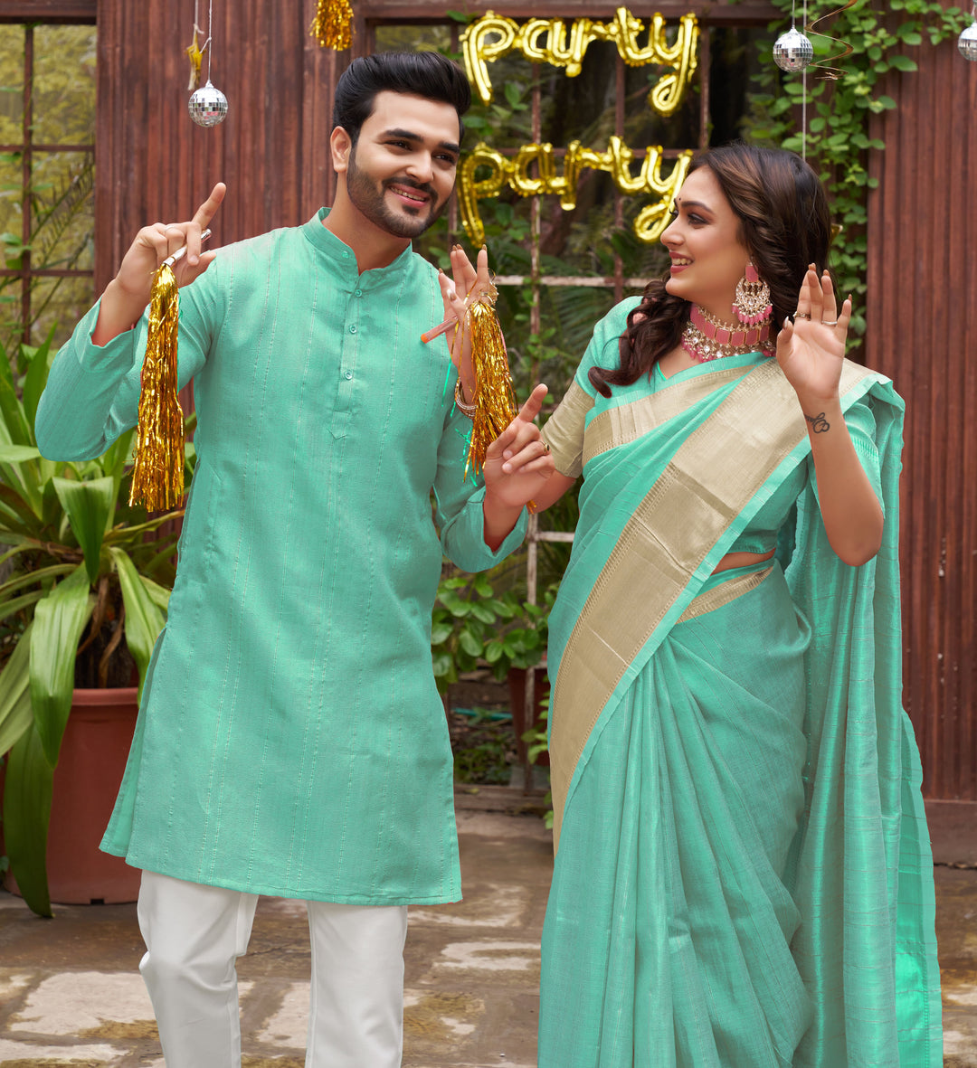 Sumitra Gold Teal Couple Set Saree and Kurta