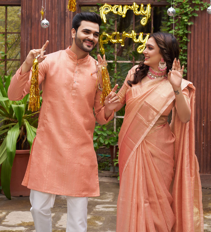 Sumitra Gold Peach Couple Set Saree and Kurta