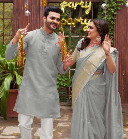Sumitra Gold Grey Couple Set Saree and Kurta