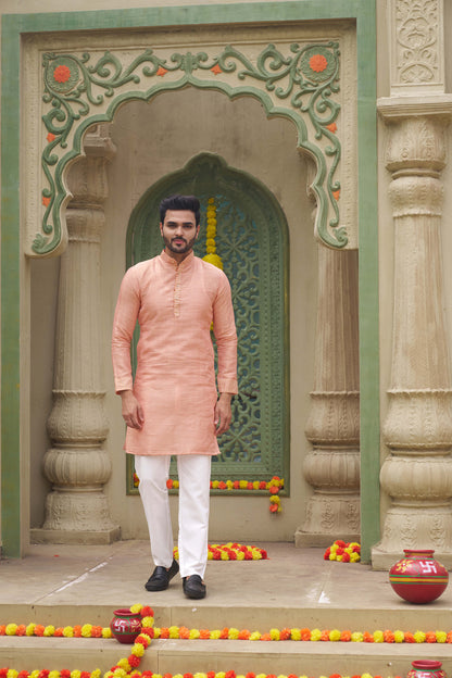 Jenika Gold Peach Couple Dress art silk Saree and Kurta for Special Occasions