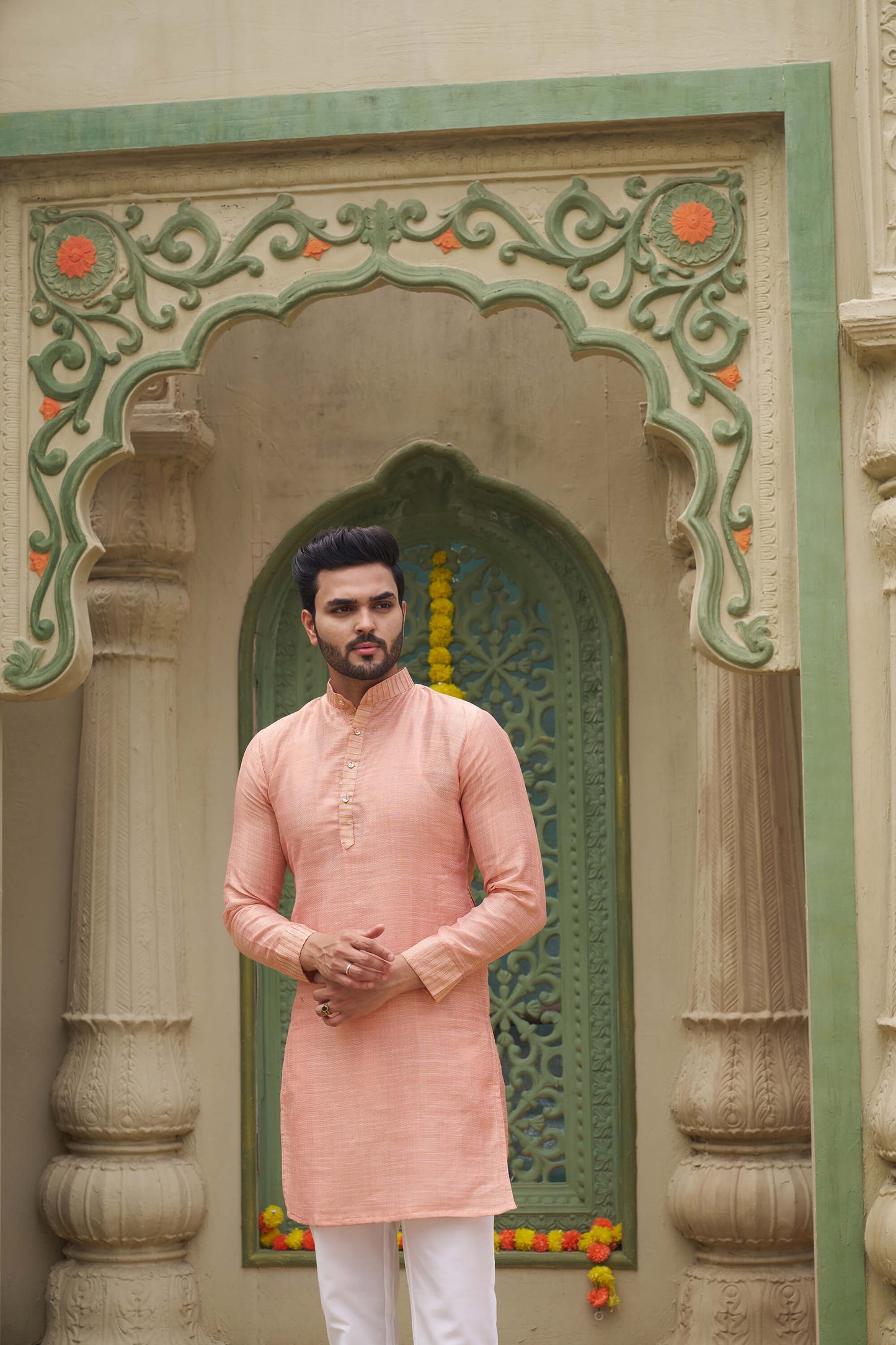 Jenika Gold Peach Couple Dress art silk Saree and Kurta for Special Occasions
