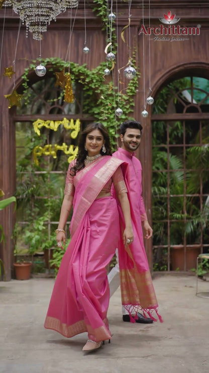 Aasam Silk Couple Dress Pink Saree & Kurta
