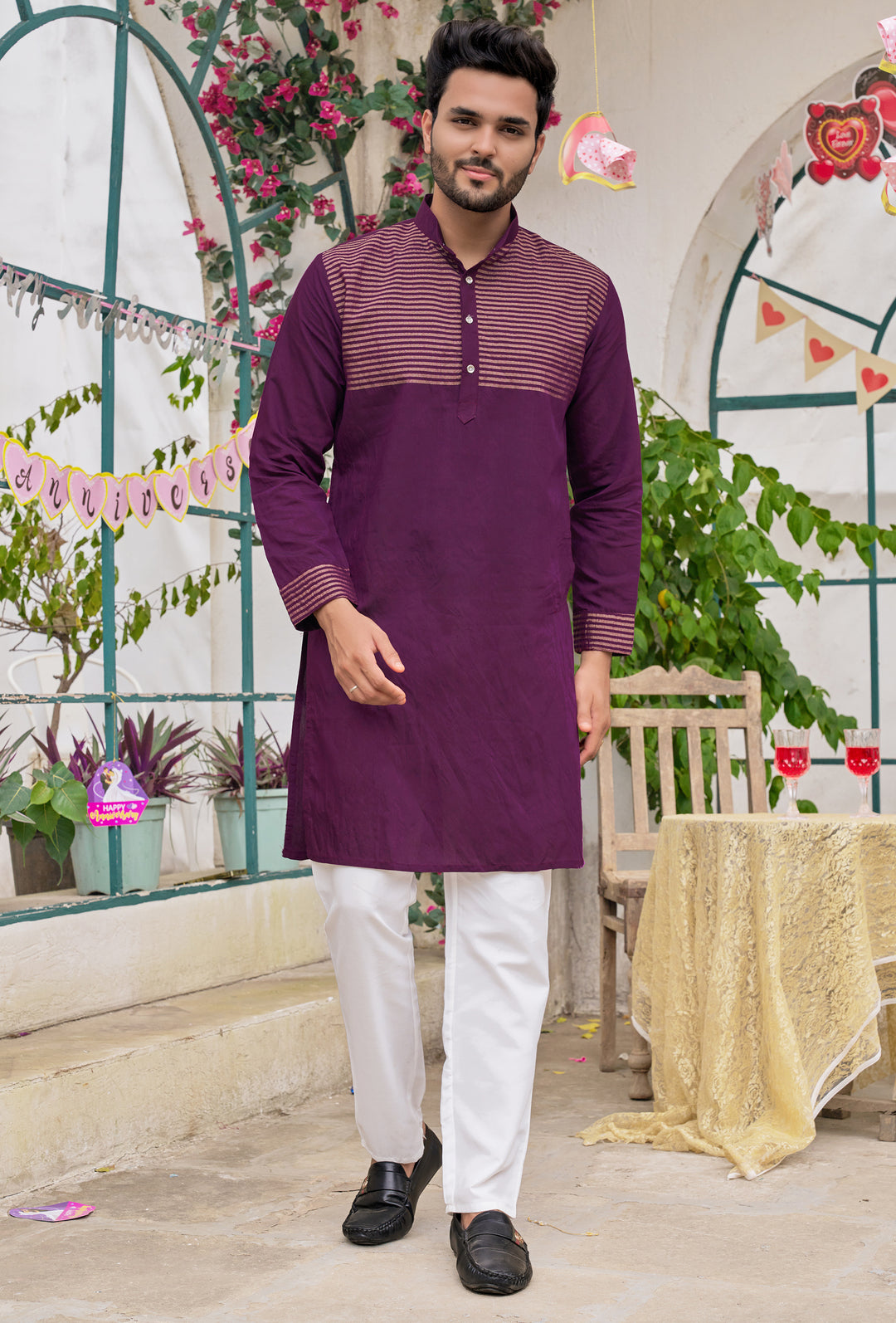 Stylish Men Silk Wine Kurta with Pajama