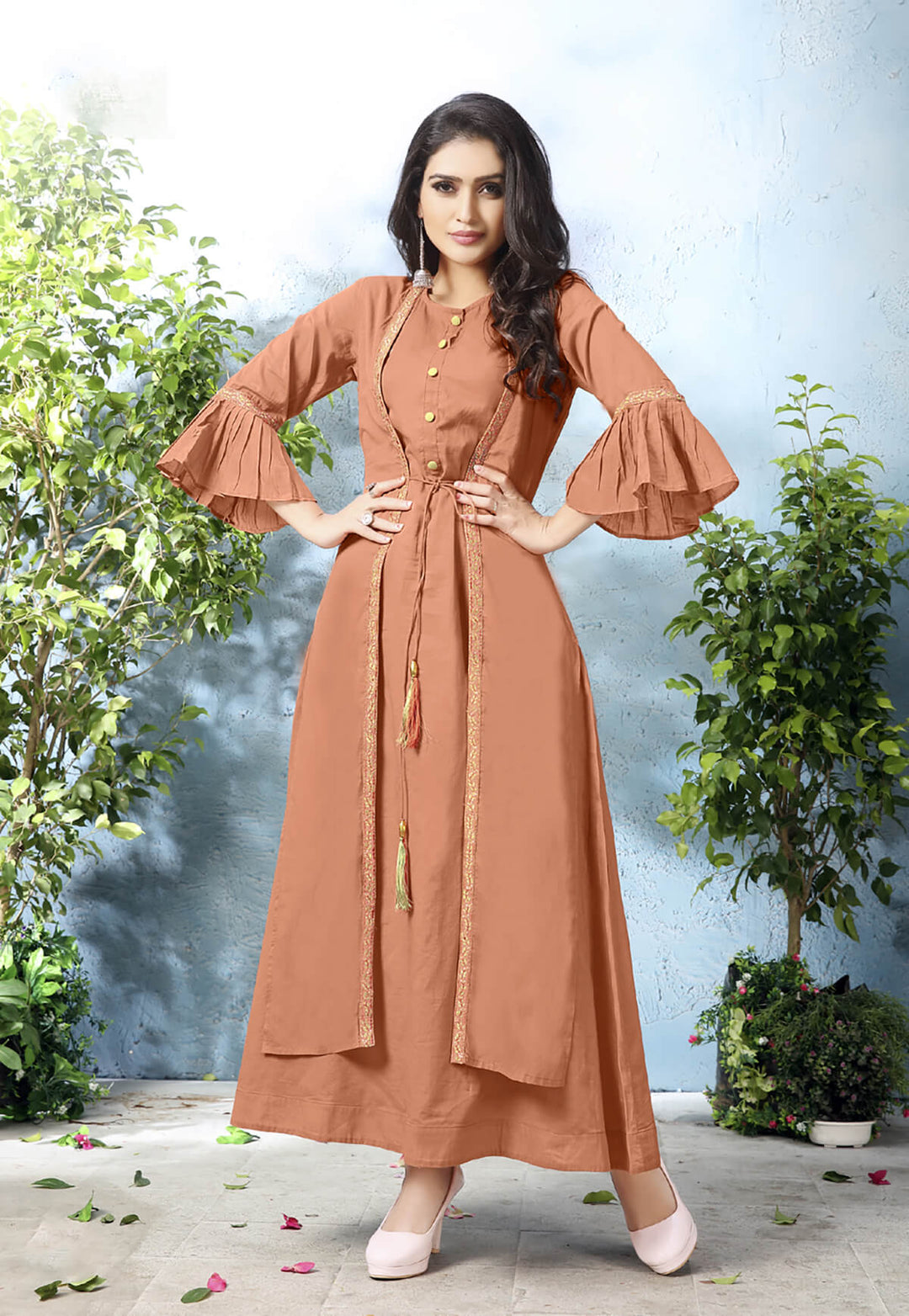 Buy Designer Peach kurti with stylish shrug