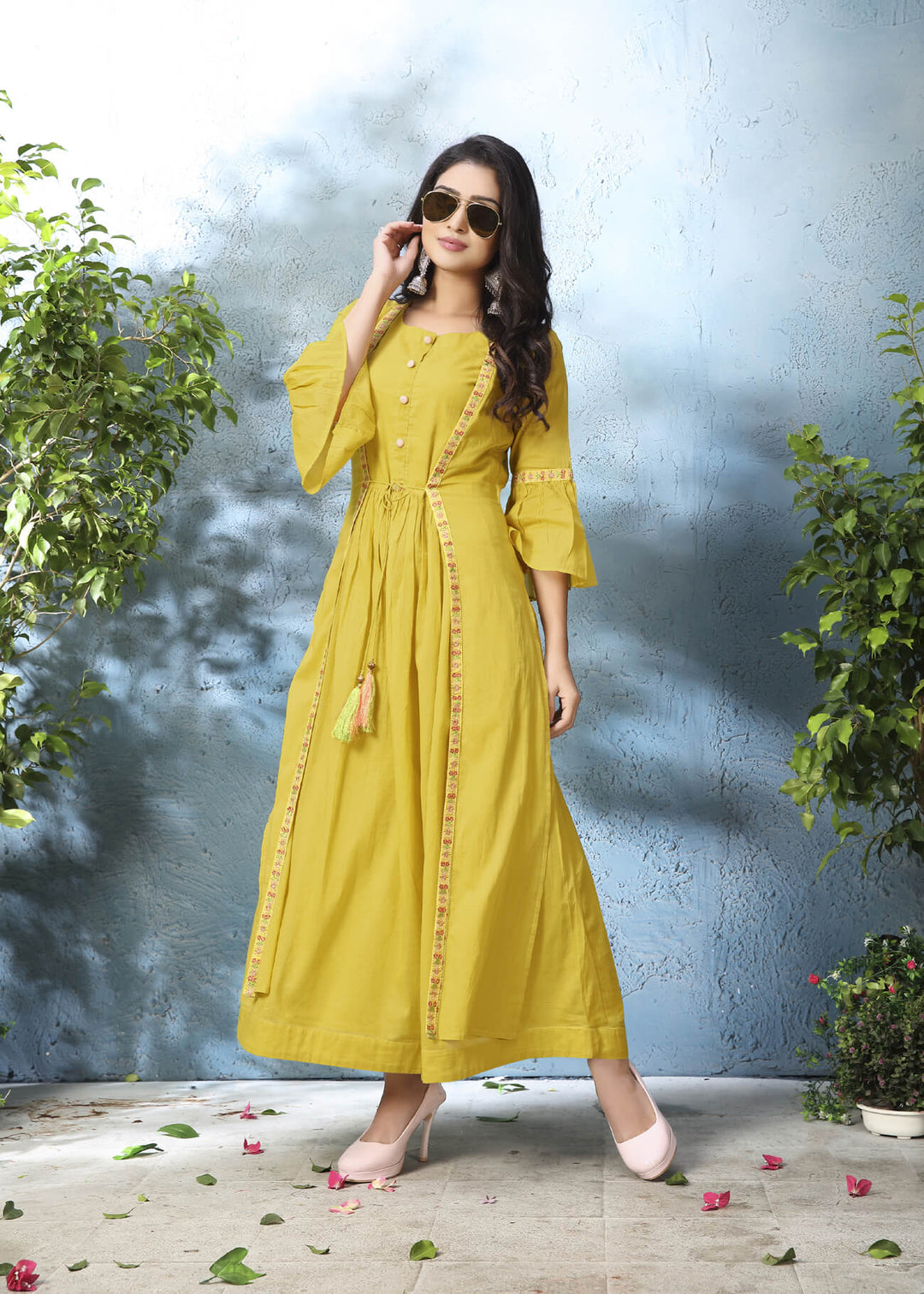Buy Designer Yellow kurti with stylish shrug