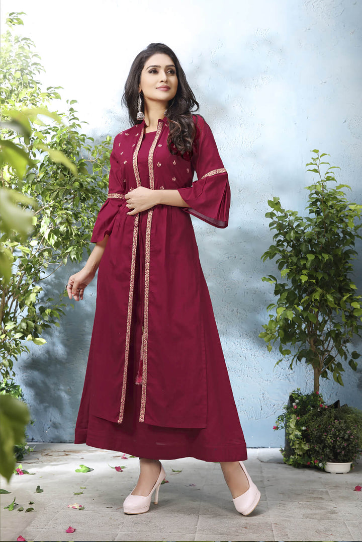 Buy Designer Maroon kurti with stylish shrug