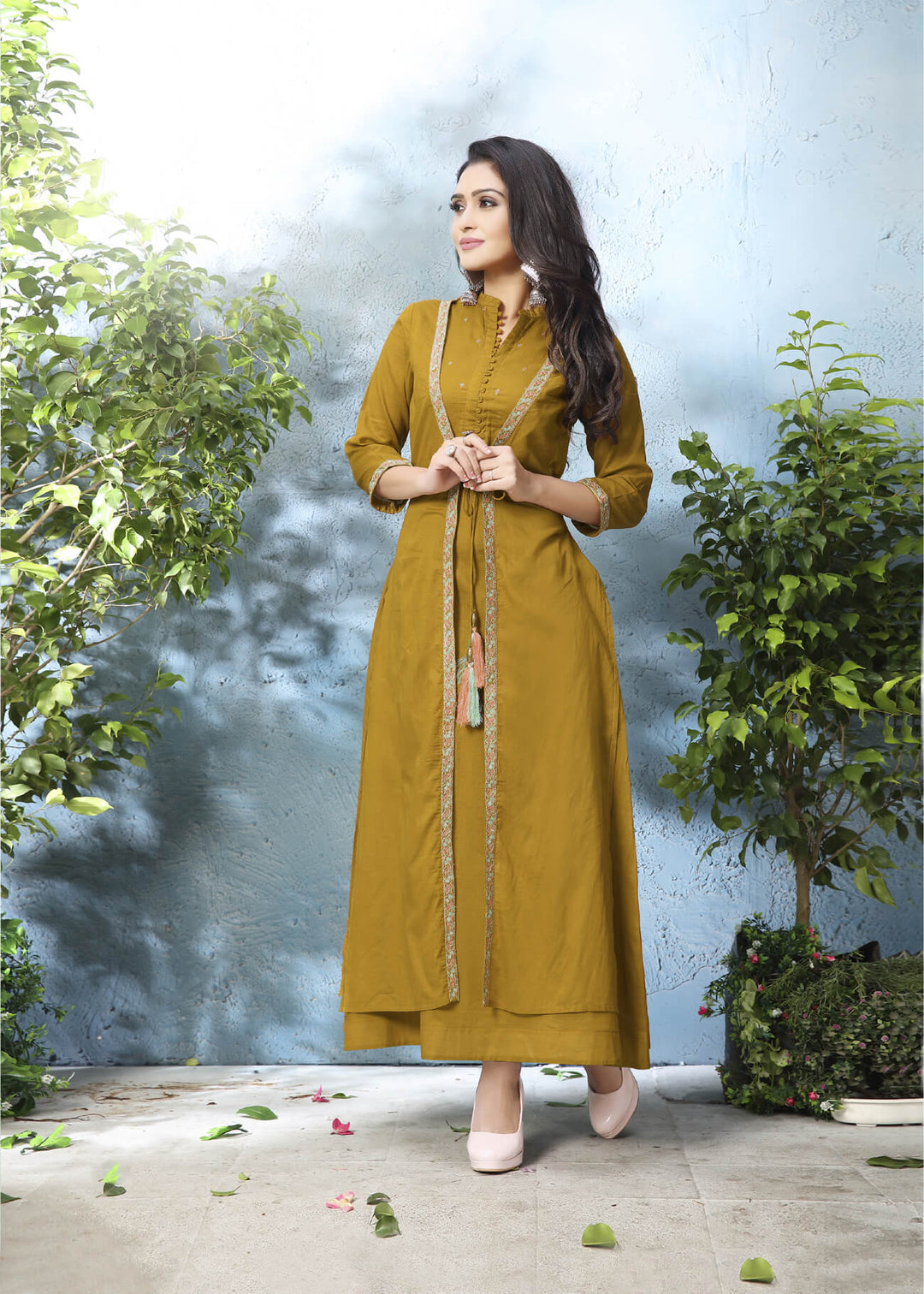 Buy Designer Musterd kurti with stylish shrug