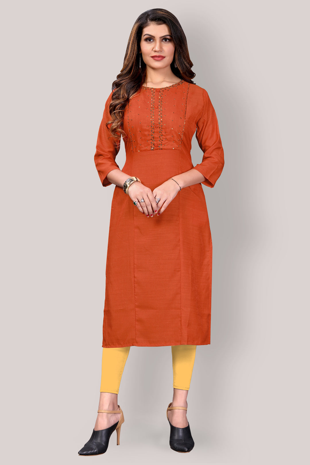 Buy Rust Silk kurti with stylish handwork