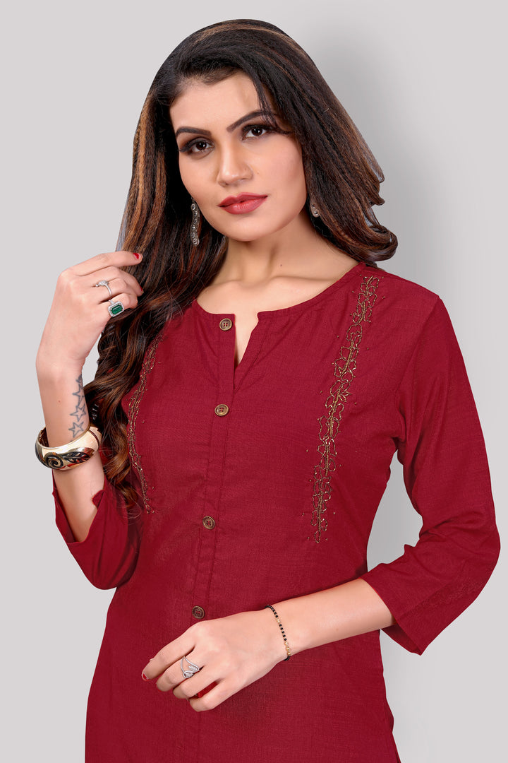 Buy Maroon Silk kurti with stylish handwork