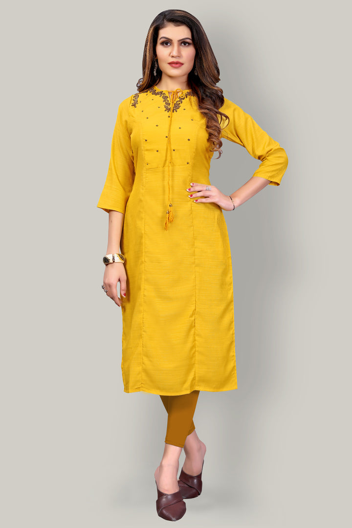 Buy Yellow Silk kurti with stylish handwork