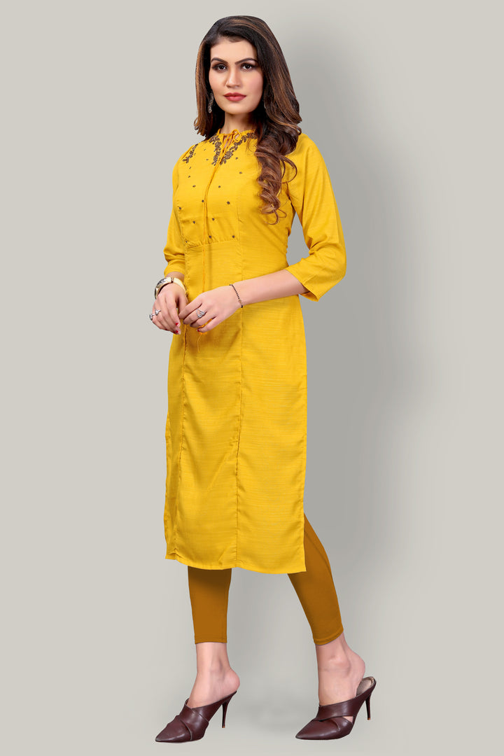 Buy Yellow Silk kurti with stylish handwork