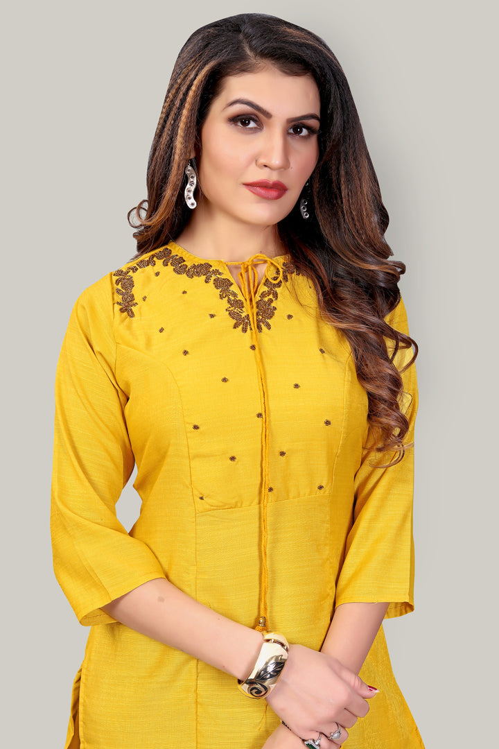Buy Yellow Silk kurti with stylish handwork