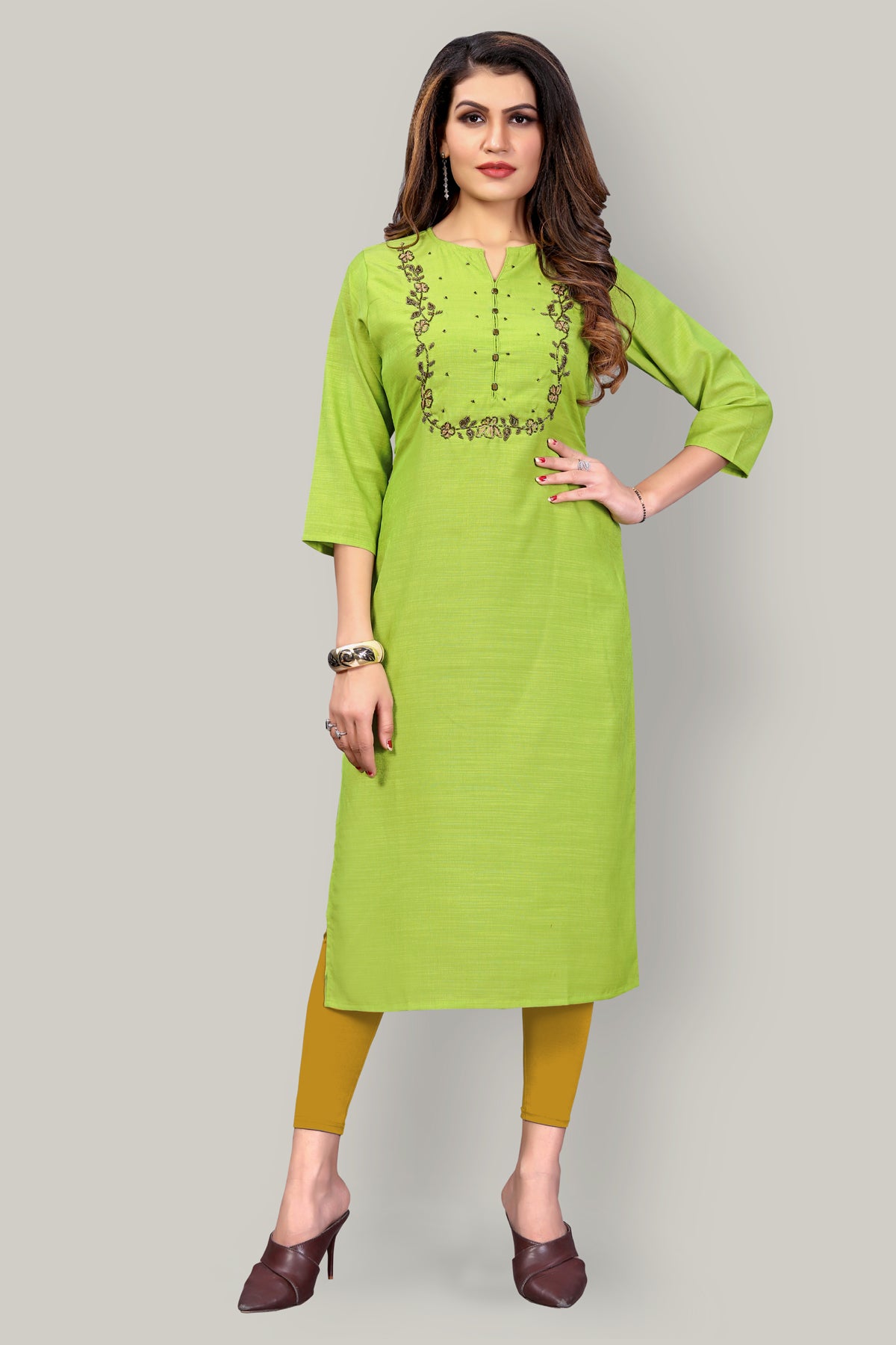 Buy Parrot Green Silk kurti with stylish handwork
