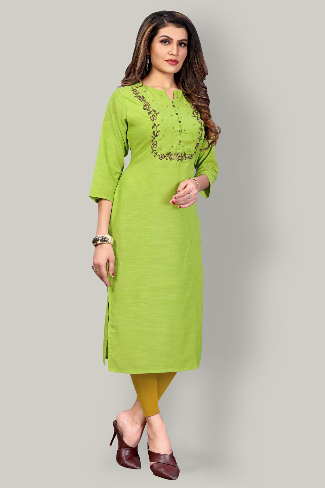 Buy Parrot Green Silk kurti with stylish handwork
