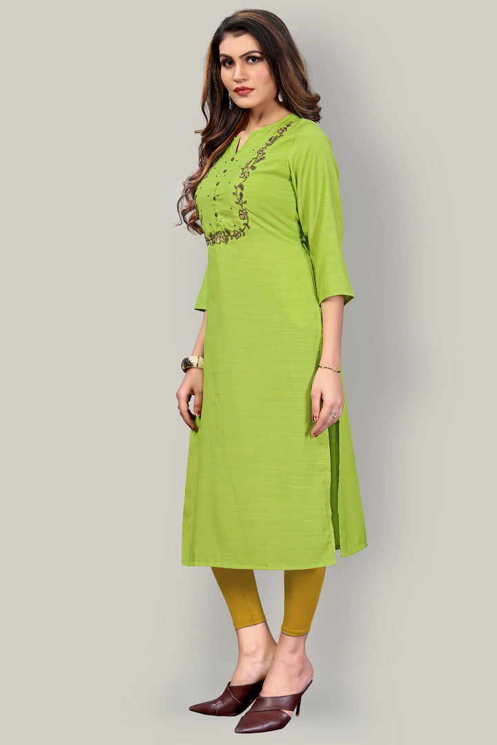 Buy Parrot Green Silk kurti with stylish handwork