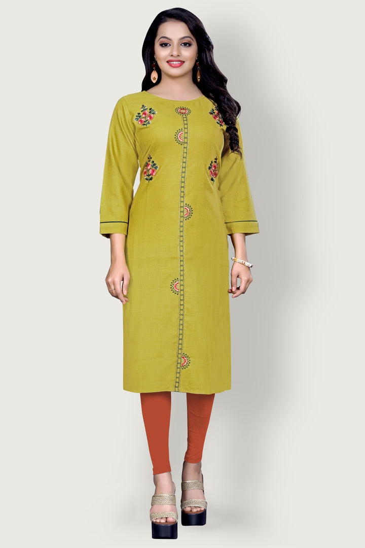 Embroidered cotton Olive Green Kurta