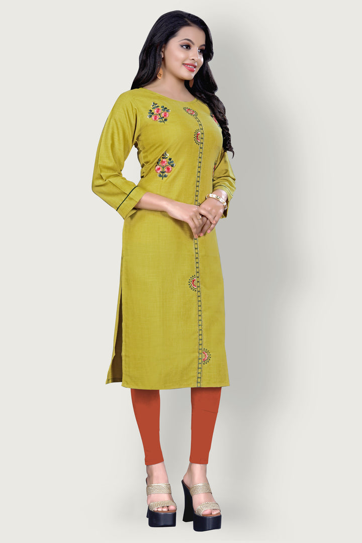 Embroidered cotton Olive Green Kurta