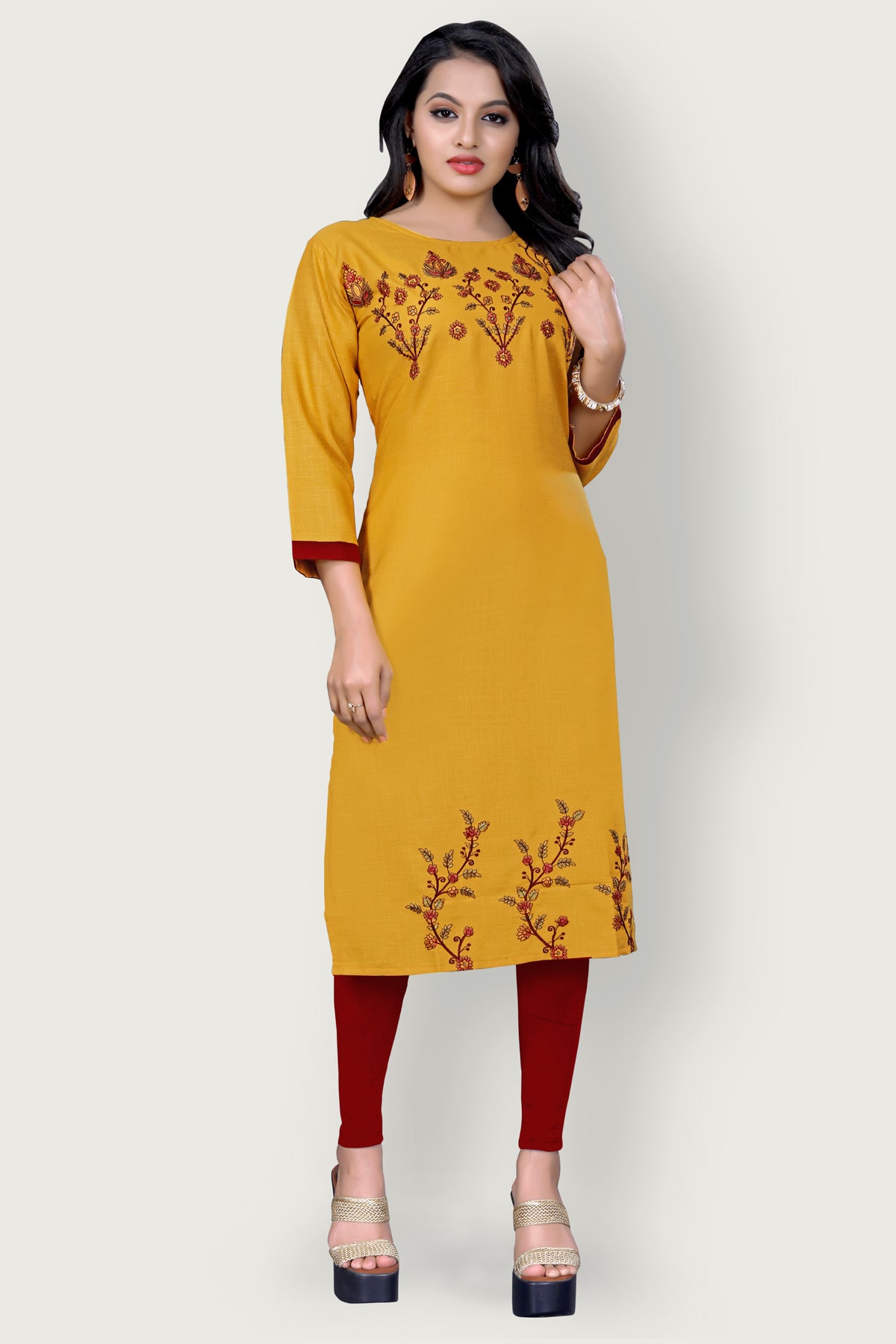 Embroidered cotton Yellow Kurta