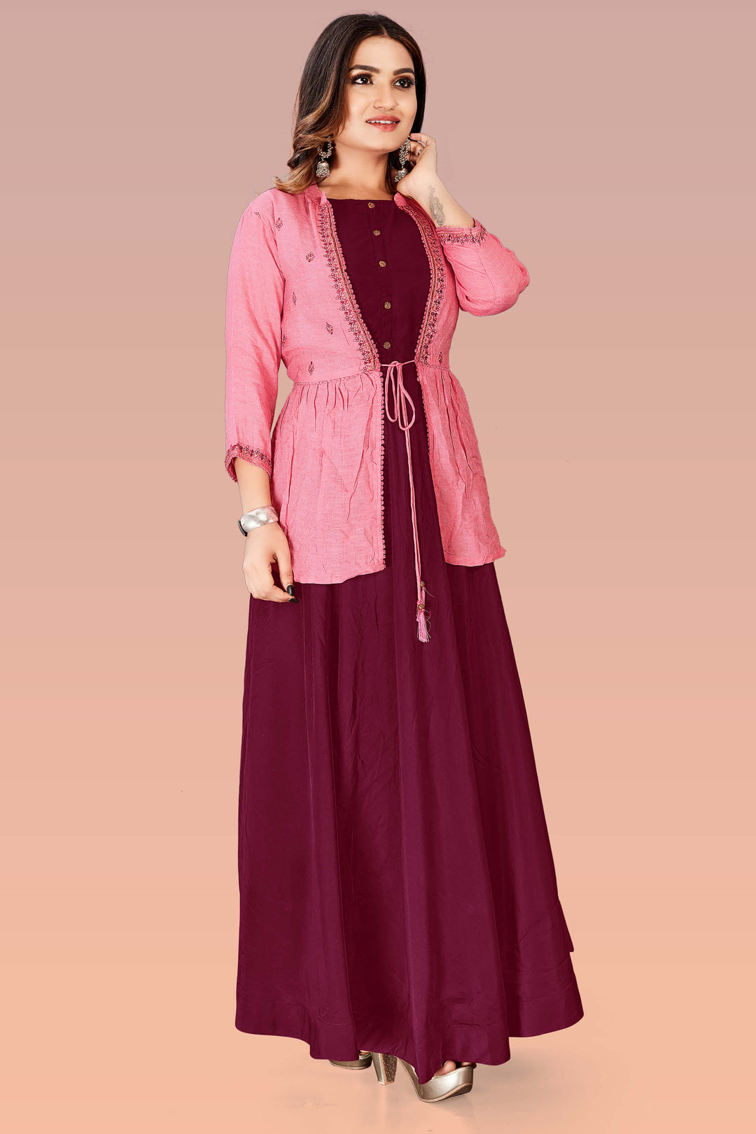 Maroon & Pink kurti with stylish shrug