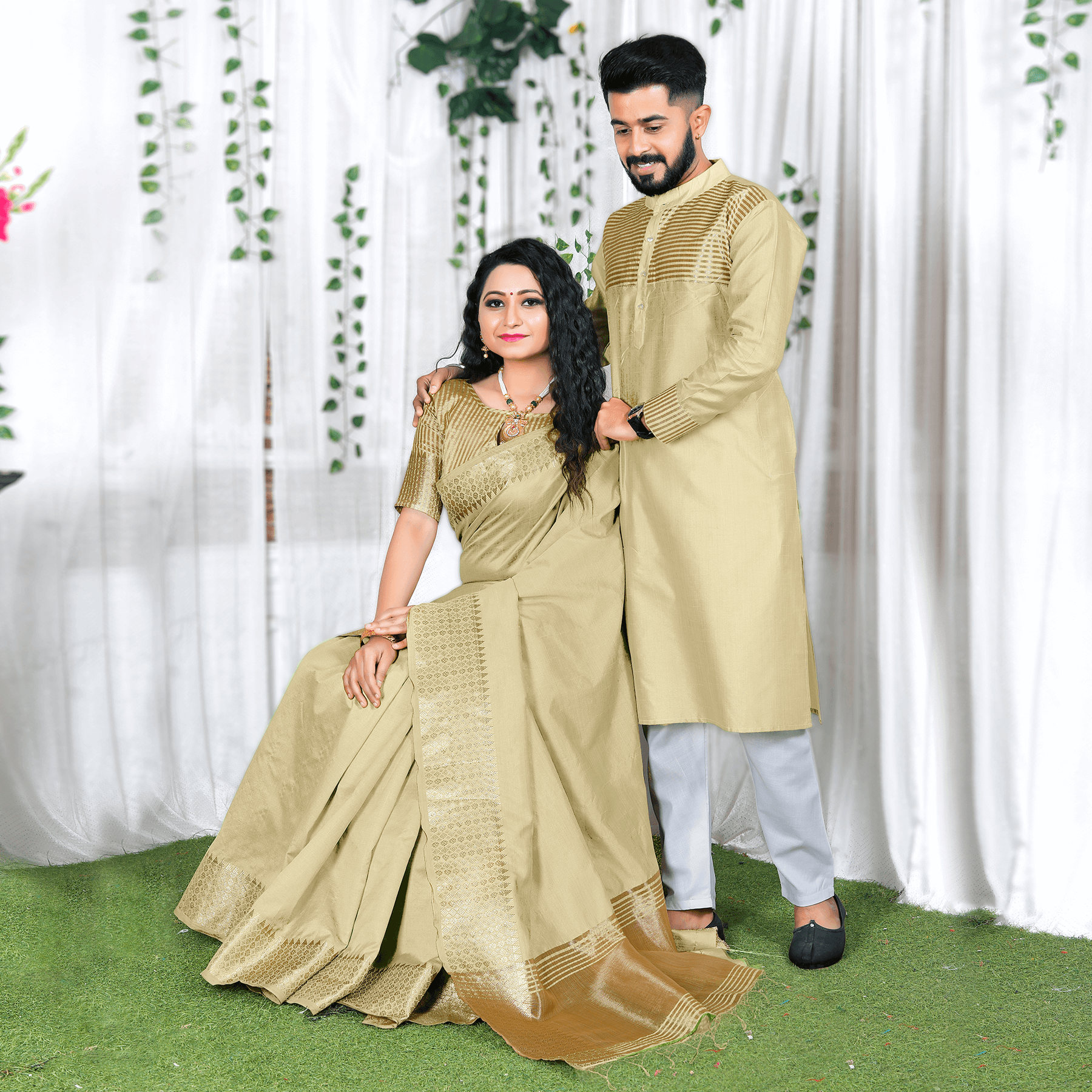 Lovely Cream Couple Dress Silk Saree & Kurta