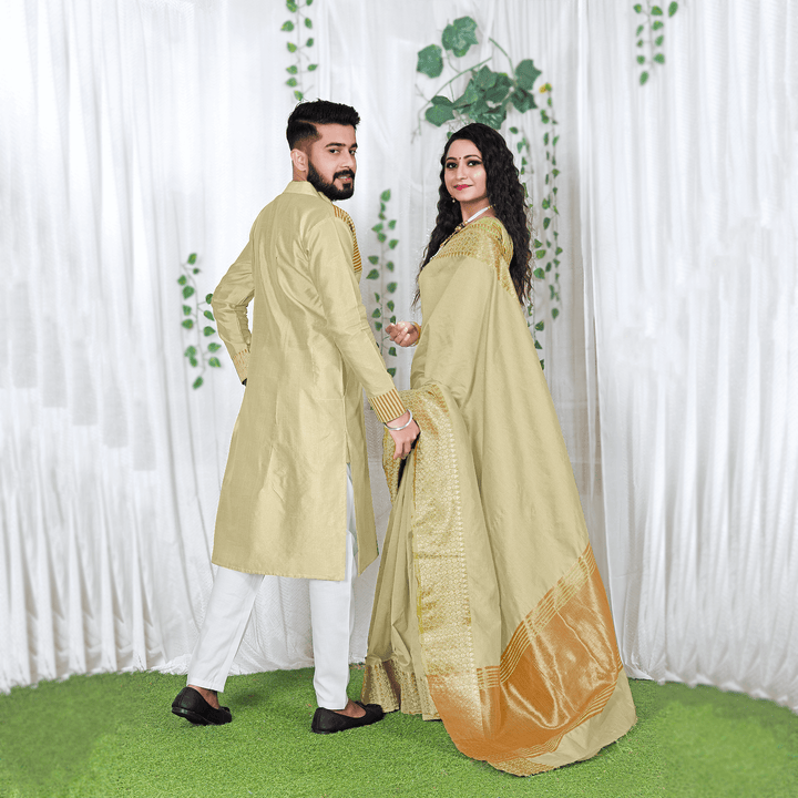 Lovely Cream Couple Dress Silk Saree & Kurta