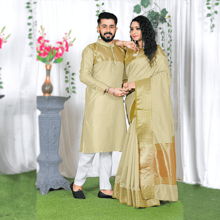 Lovely Cream Couple Dress Silk Saree & Kurta