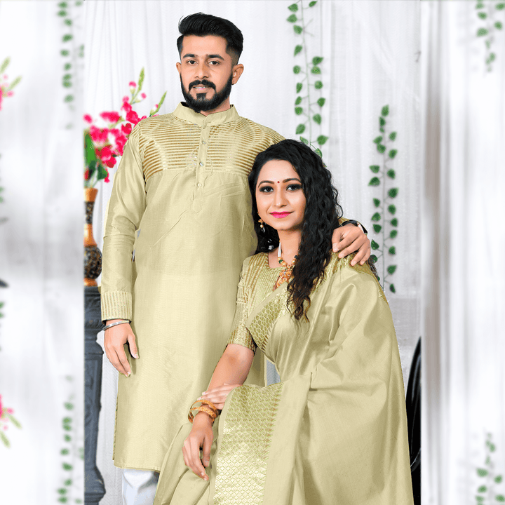 Lovely Cream Couple Dress Silk Saree & Kurta