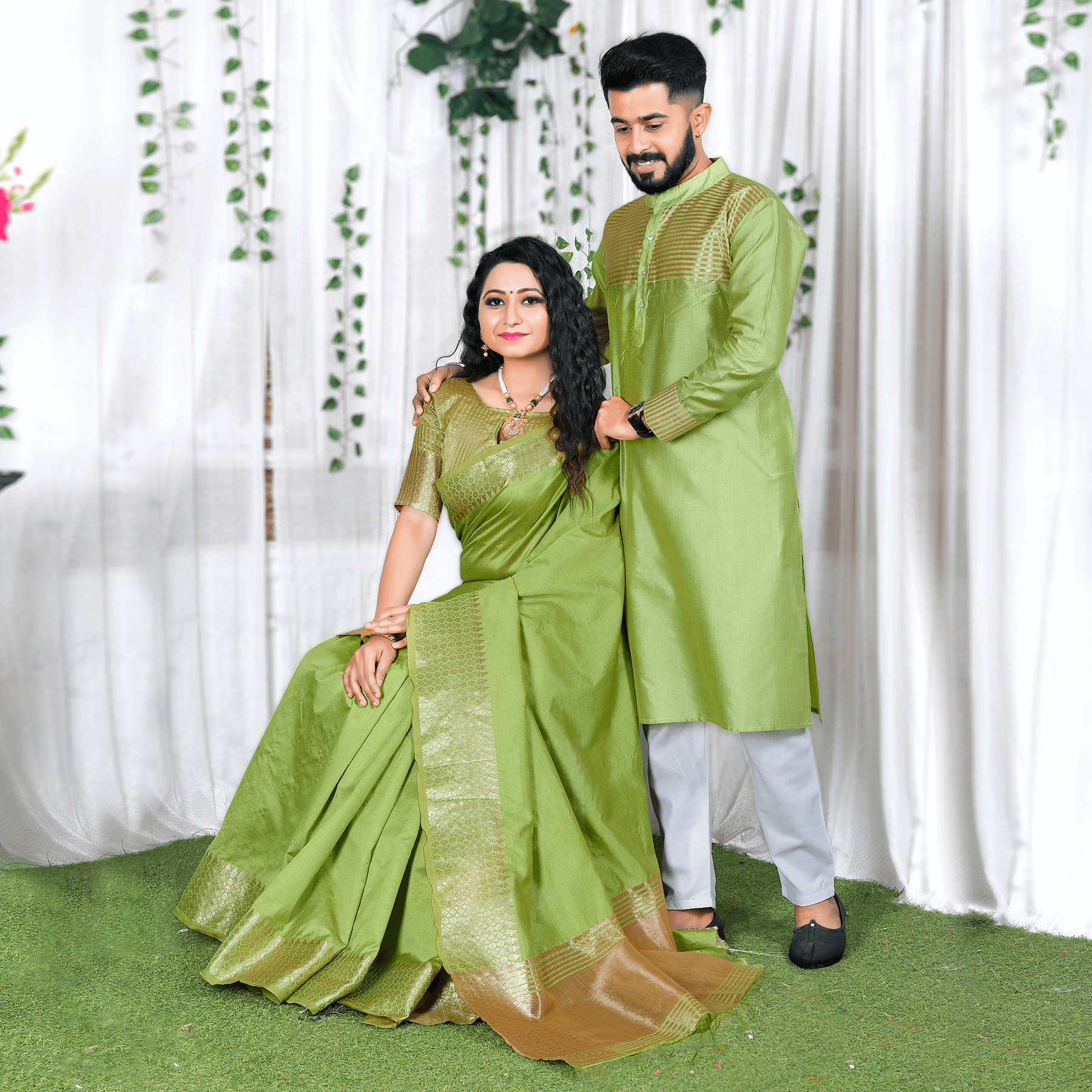 Green Saree Couple Matching Saree And Shirt Emerald Green Dola Silk Saree  Kurta Pyjama Set Indian