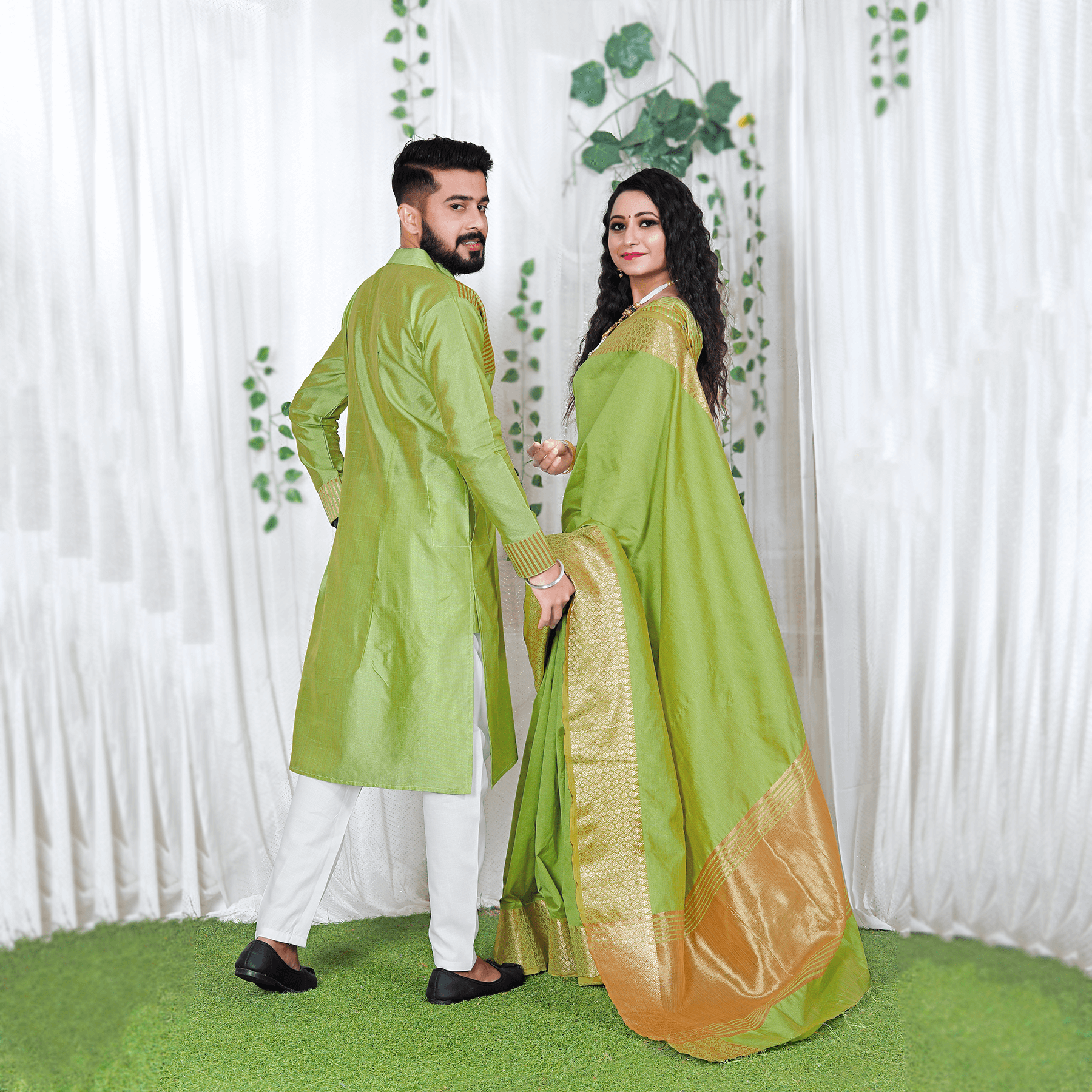 Lovely Mehndi Green Couple Dress Silk Saree & Kurta